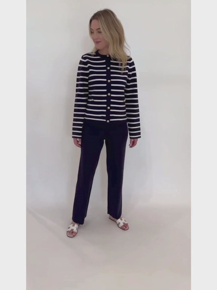 BK Dina Striped Sweater Cardigan in Navy paired with Demi Full-Length Sweater Pants in Navy available at Barbara Katz