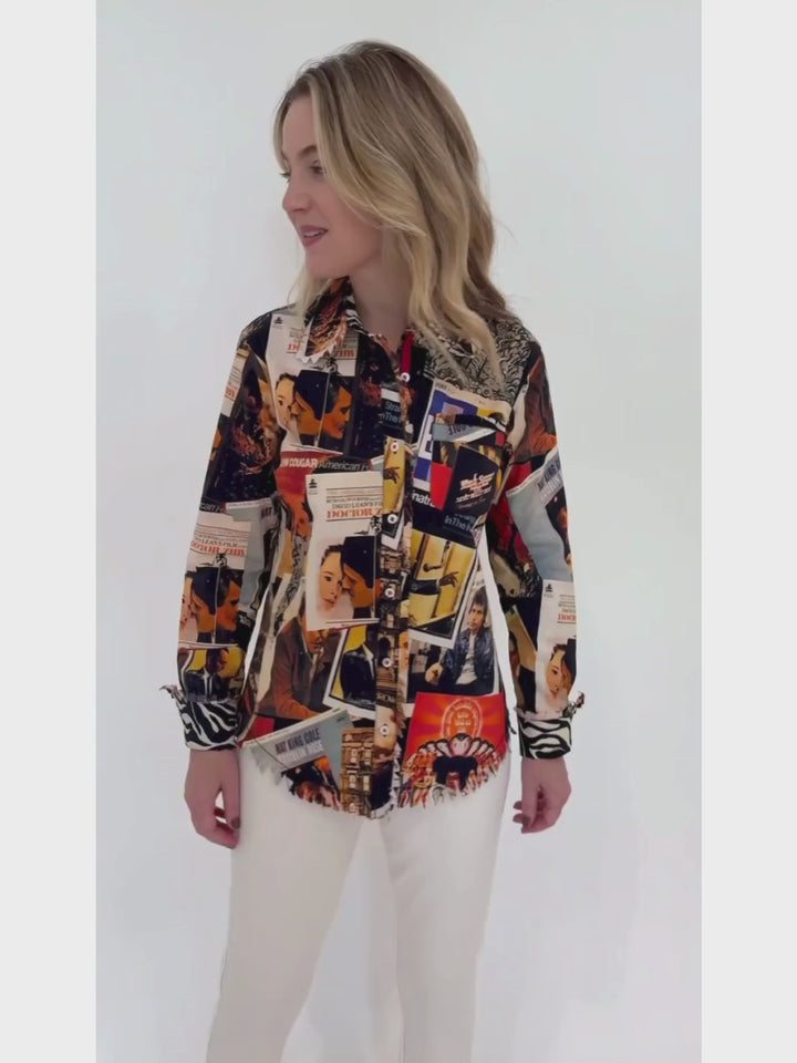 Dizzy-Lizzie Cape Cod Frayed Shirt Rock and Roll Print - F806 available at Barbara Katz