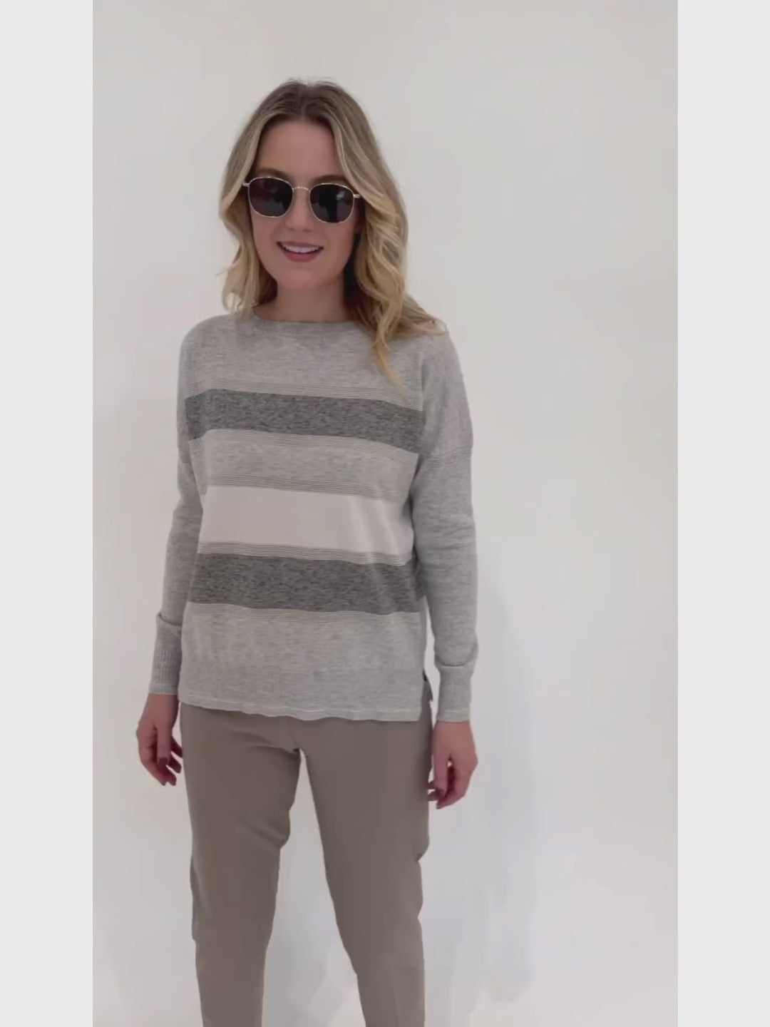 D.Exterior Multi Stripe Crew Sweater in Cenere paired with EW Straight Leg Trouser in Visone, Le Specs Neptune Deux Sunglasses - all available at Barbara Katz