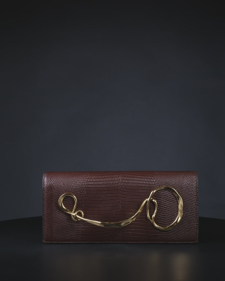 Alexis Bittar Twisted Gold Side Handle Clutch Purse in Chocolate available at Barbara Katz