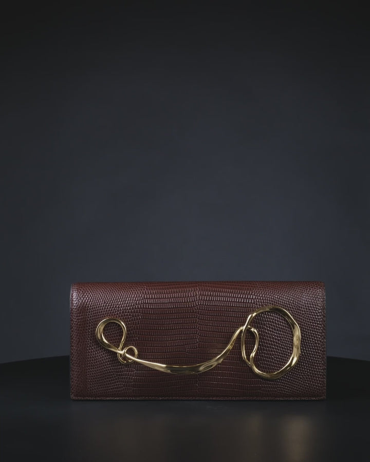 Alexis Bittar Twisted Gold Side Handle Clutch Purse in Chocolate available at Barbara Katz