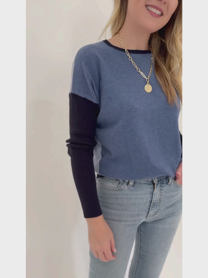 Elliott Lauren Block Party Sweater in Blue paired with Frame Le Easy Flare Raw Fray Jeans