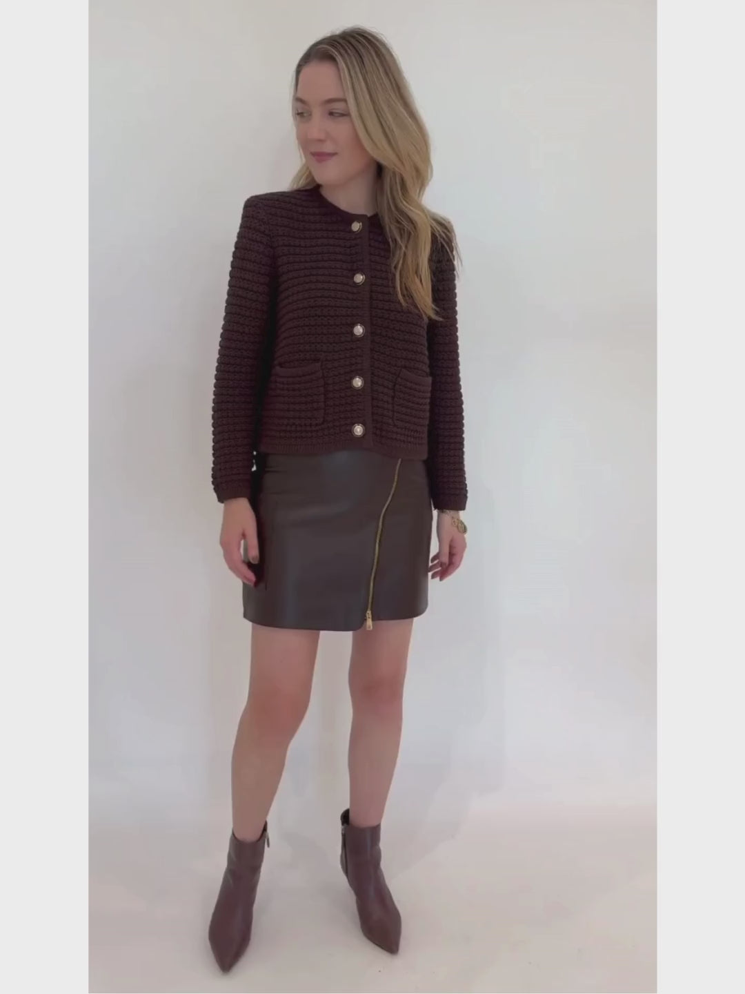 Ba&sh Gaspard Knit Cardigan in Chocolat paired with Mala Leather Mini Skirt in Marron available at Barbara Katz