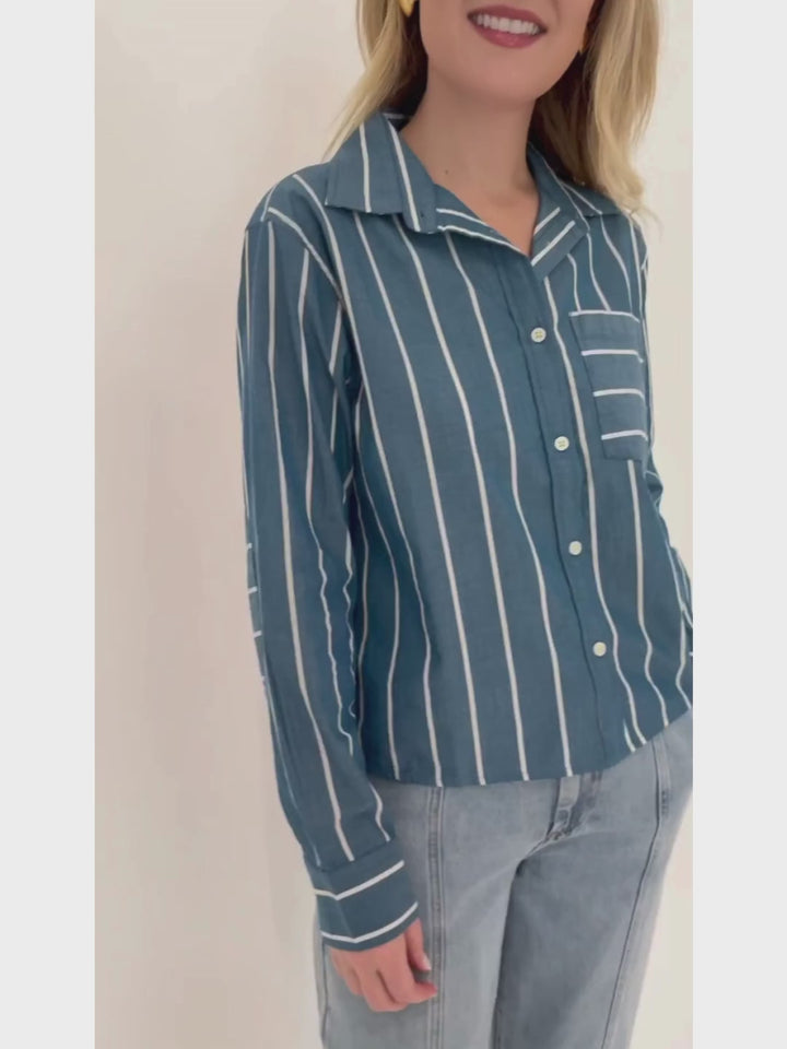 Kerri Rosenthal Joey Shirt in Agean/White Stripes paired with Pistola Court Mid Rise Relaxed Straight Denim Pants 