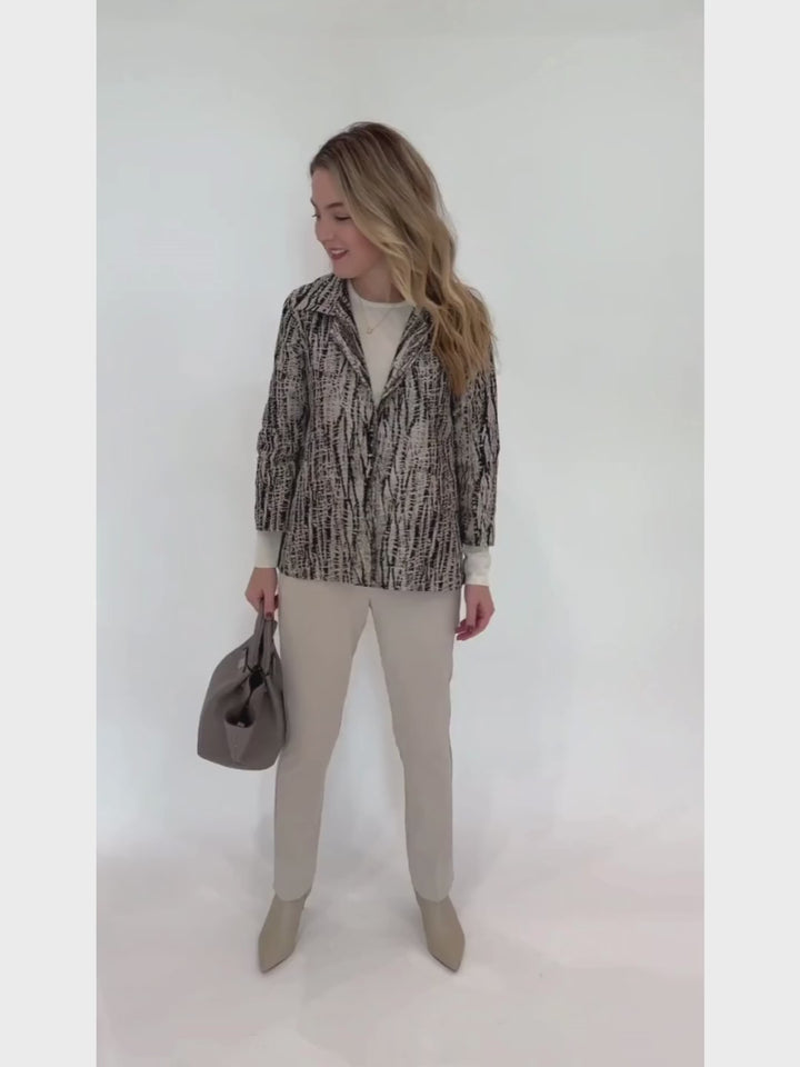 Caroline Rose Abstract Jacket in Multi/Black paired with Peace of Cloth Annie Paramount Knit Pants in Buff, and  DeMellier Stone Grey The Midi New York Tote Bag available at Barbara Katz