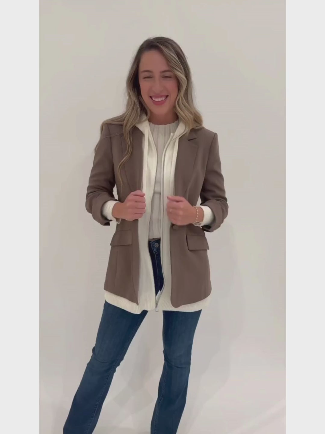 Cinq a Sept Sweater Knit Khloe Blazer in Taupe/Ivory paired with MAC Denim Dream Boot Jeans in Medum Blue available at Barbara Katz