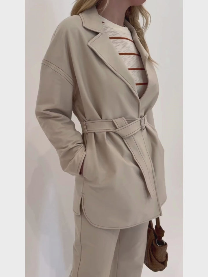 Max Mara Otranto Jersey Jacket paired with Quiete Denim-Effect Jersey Trousers in Beige