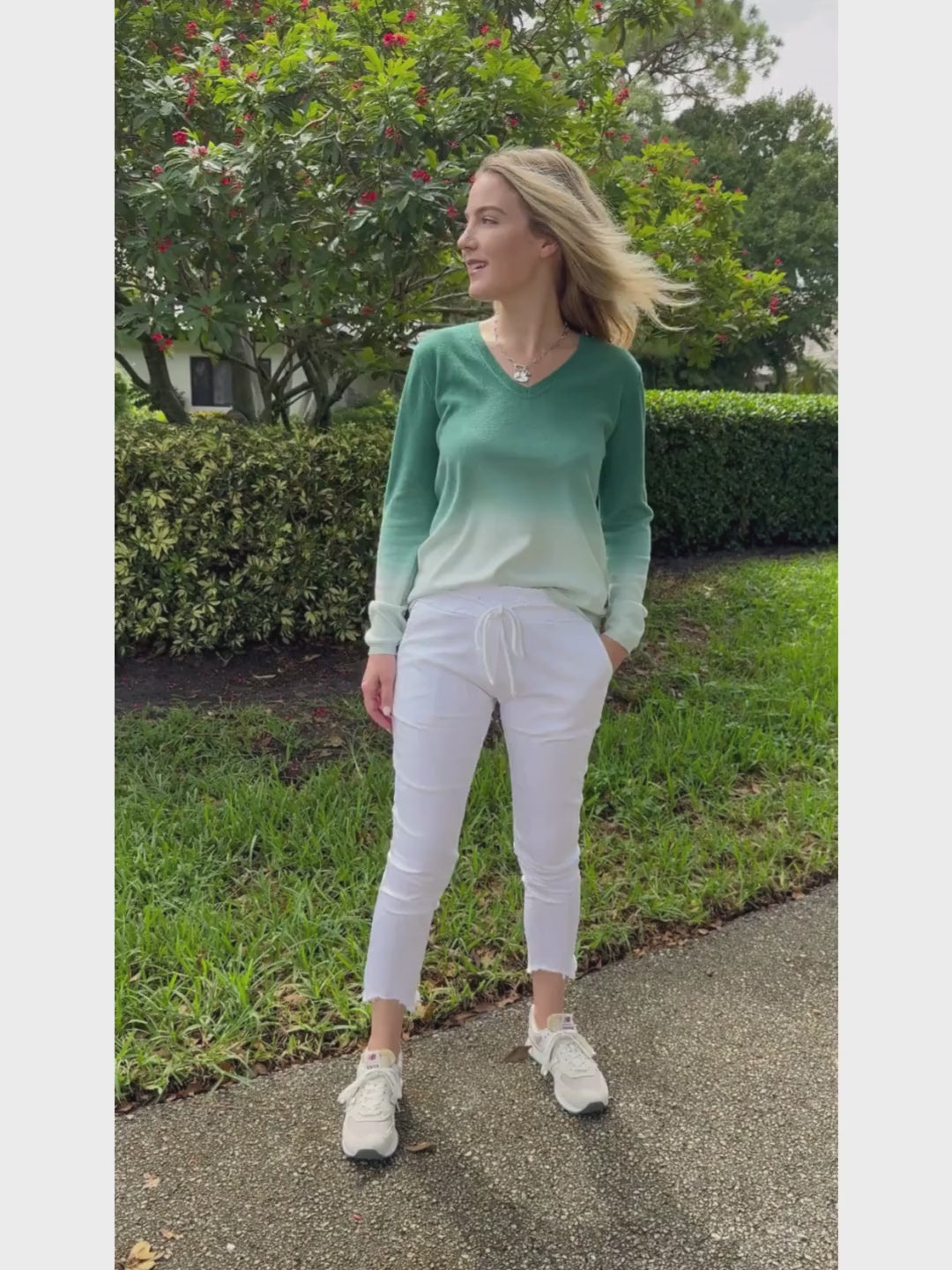 Elliott Lauren Lina Ombre Long Sleeve Sweater in Sea Salt paired with Barbara Katz Distressed Fringe Hem Crinkle Jogger in White available at Barbara Katz