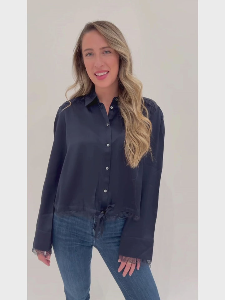 Cinq a Sept Mabyn Silk Top in Navy paired with MAC Denim Dream Boot Jeans in Medium Wash available at Barbara Katz