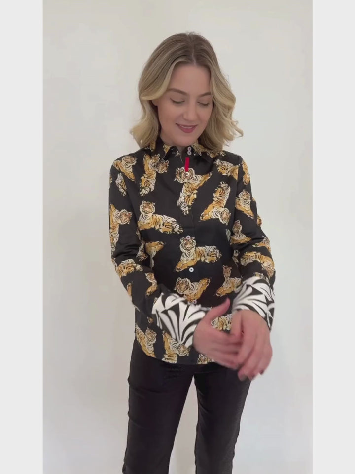 Dizzy-Lizzie Black Rome Long Sleeve Shirt With Tiger Print available at Barbara Katz