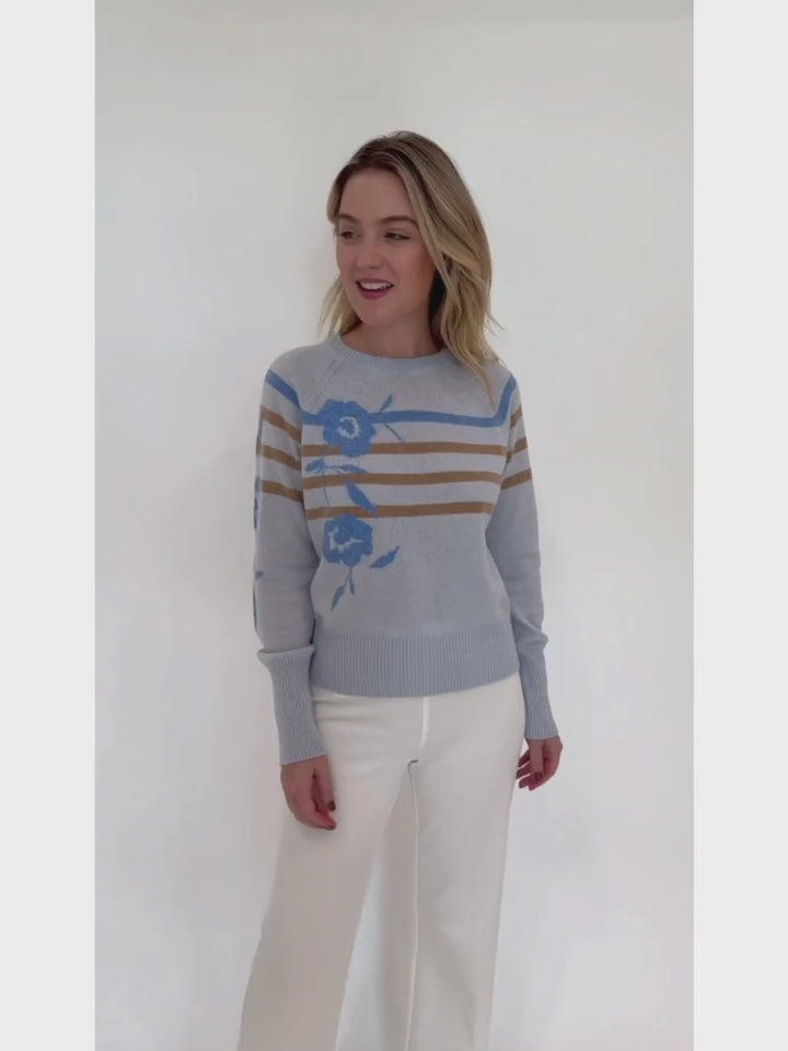 Kinross Cashmere Floral Stripe Crew Sweater in Celeste Multi available at Barbara Katz