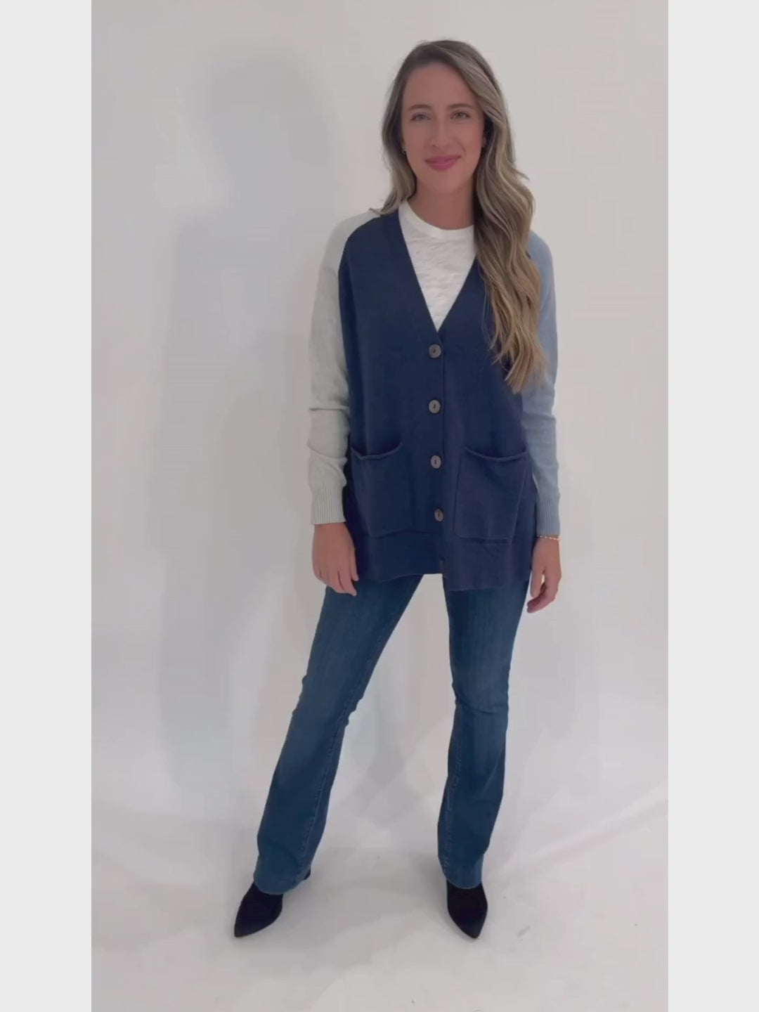 Zaket & Plover College Long Sleeve Cardigan in Denim paired with MAC Denim Dream Boot Jeans in Medium Blue available at Barbara Katz