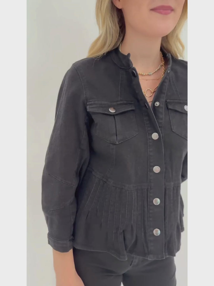 Peace of Cloth Denim Stitch Band Collar Jacket in Black paired with Denim Jean in Black