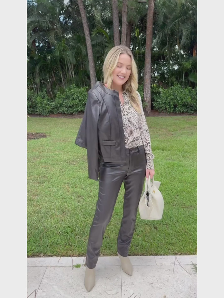 Rails Kate Button Down Shirt in Sand Cheetah Print with Peace of Cloth Rian Faux Leather Coco Jacket in Brown, paired with Peace of Cloth Jilian Faux Leather Slim Jeans, bag DeMellier The Midi New York Tote in Off White, all available at Barbara Katz