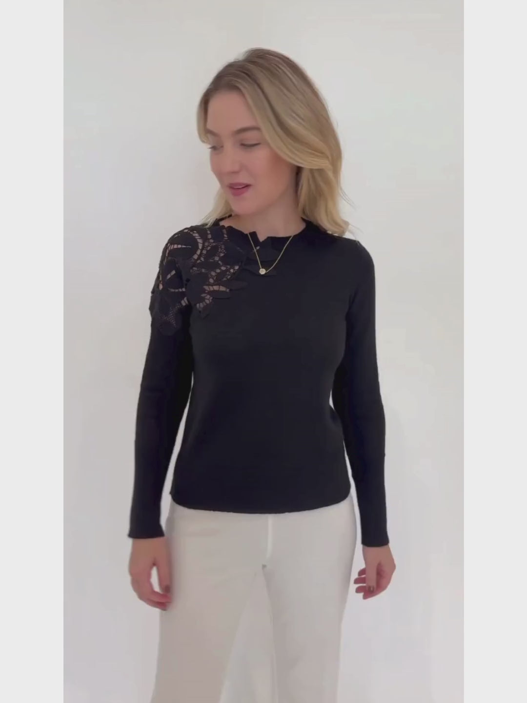 Kinross Cashmere Lace Applique Crew Sweater in Black available at Barbara Katz