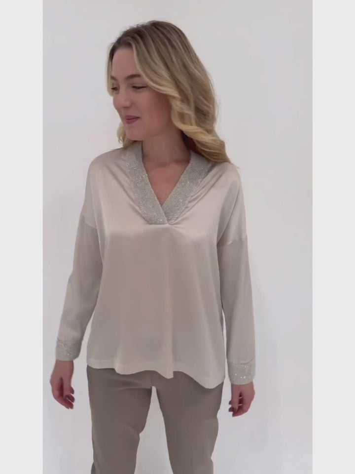 D.Exterior V-Neck Mini Sequins Top in Onice available at Barbara Katz