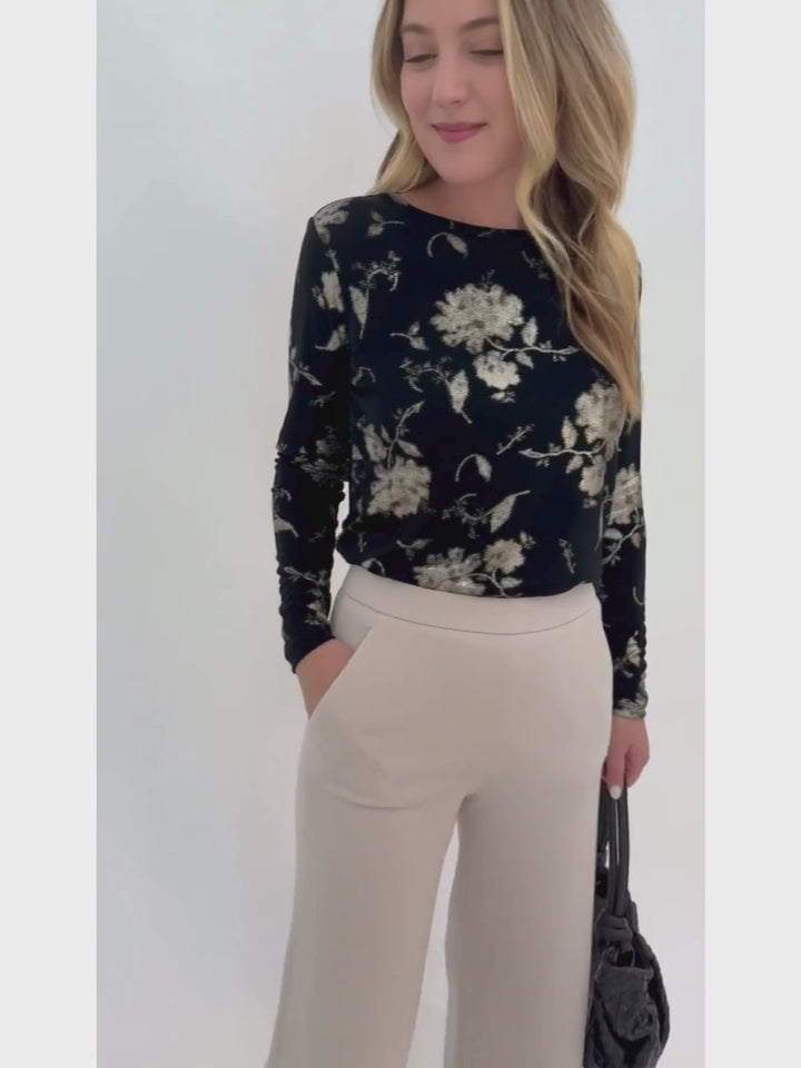 Elliott Lauren Going For The Gold Floral Long Sleeve Top in Black paired with Raffaello Rossi Palina 6/8 Culotte Pants in Wool White