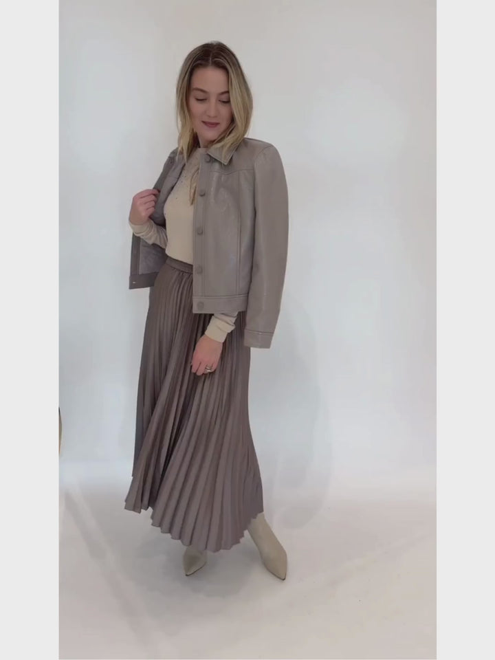 Generation Love Elsie Crystal Sweater in Beige layered with Marella Monochrome Leggio Jacket in Turtledove, paired with Marella Agente Pleated Skirt in Turtledove - all available at Barbara Katz