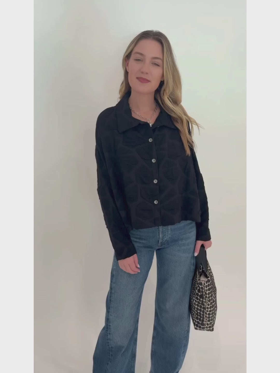 Beau Jours Antonia Shirt in Black paired with Agolde Luna Tapered Jeans, Daniella Lehavi Tokyo Small Shopper Bag