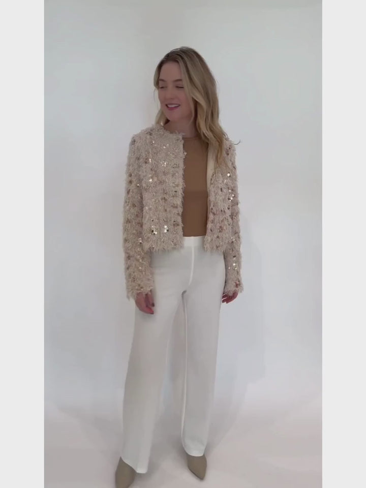 Oui Feather Optics Party Jacket in Off White/Camel with Kinross Camel Fitted Crew Sweater underneath available at Barbara Katz