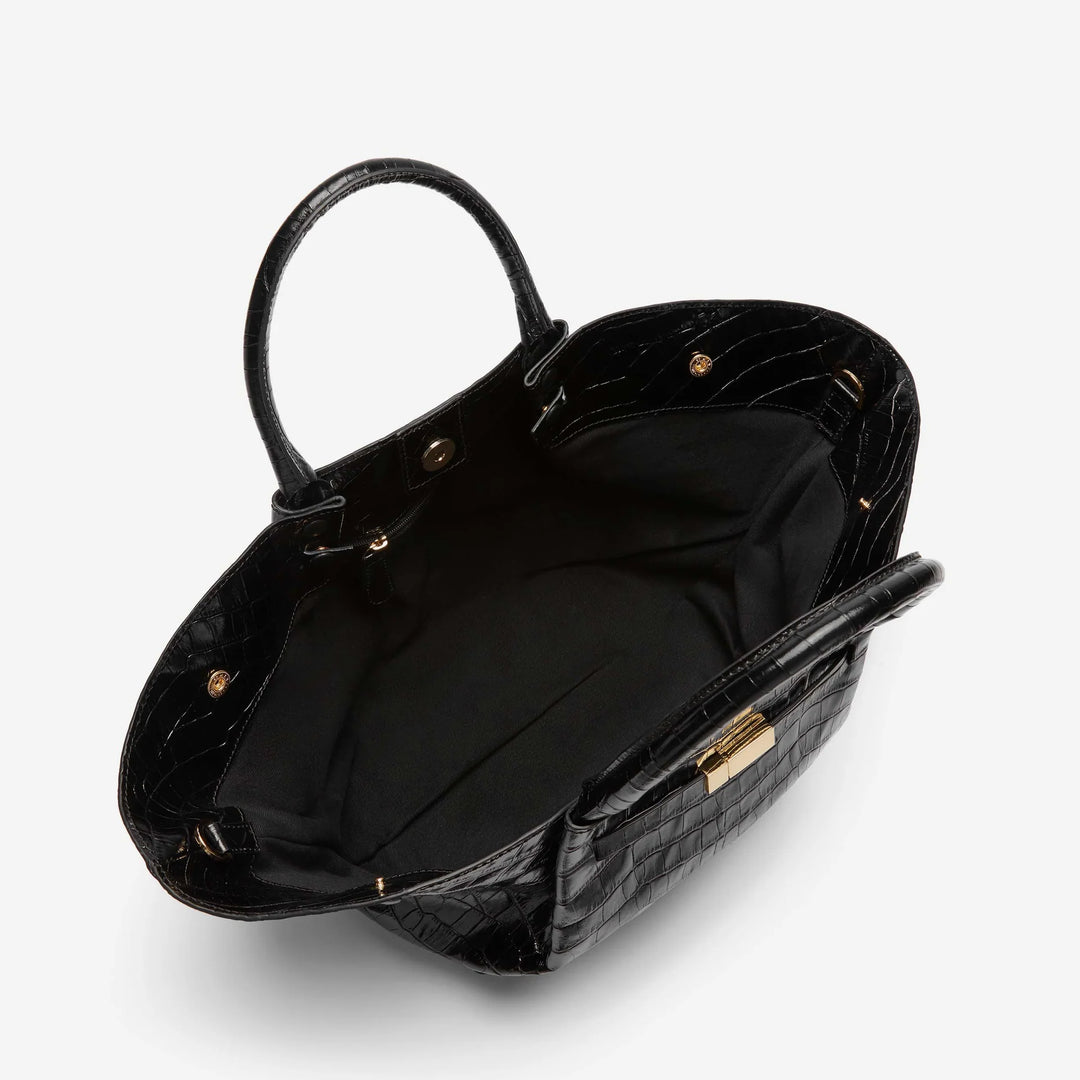 DeMellier Midi New York Bag in Black Leather Croc Effect available at Barbara Katz