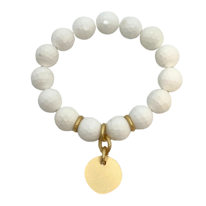 Deborah Grivas White Jade Stretch Bracelet with Matte Gold Disc Charm