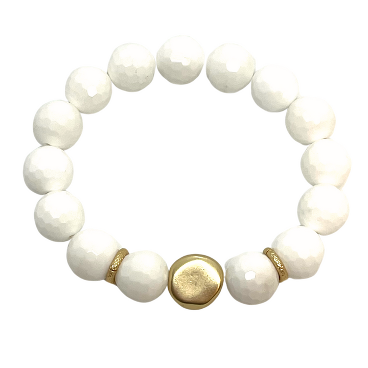 Deborah Grivas White Jade Stretch Bracelet With Matte Gold Nugget