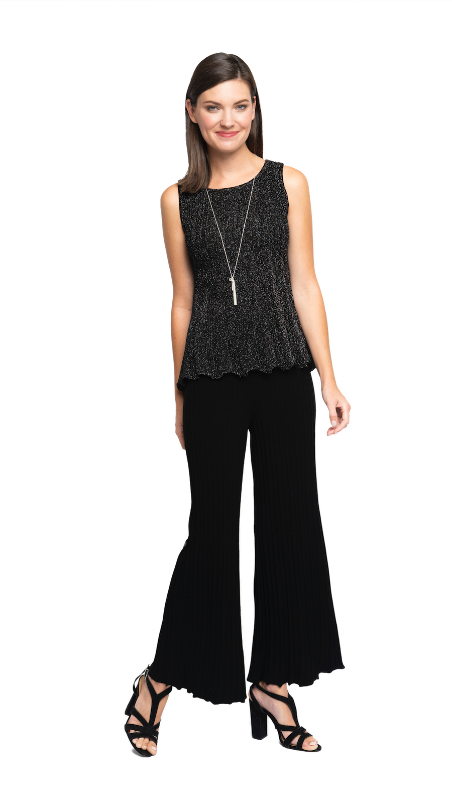 Molly Shimmer Sleeveless Pleated Swing Top; Black Shimmer