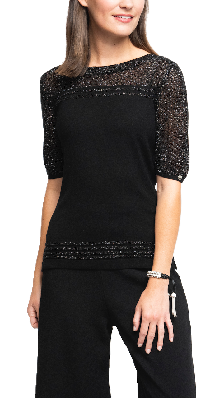 Bella Short Sleeved Top with See-Through Detail on Shoulders and Sleeves; Black/ Blk Shimmer