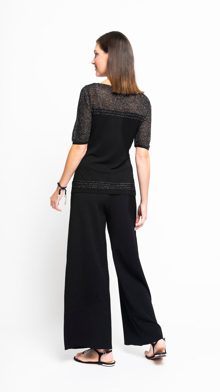 Bella Short Sleeved Top with See-Through Detail on Shoulders and Sleeves; Black/ Blk Shimmer