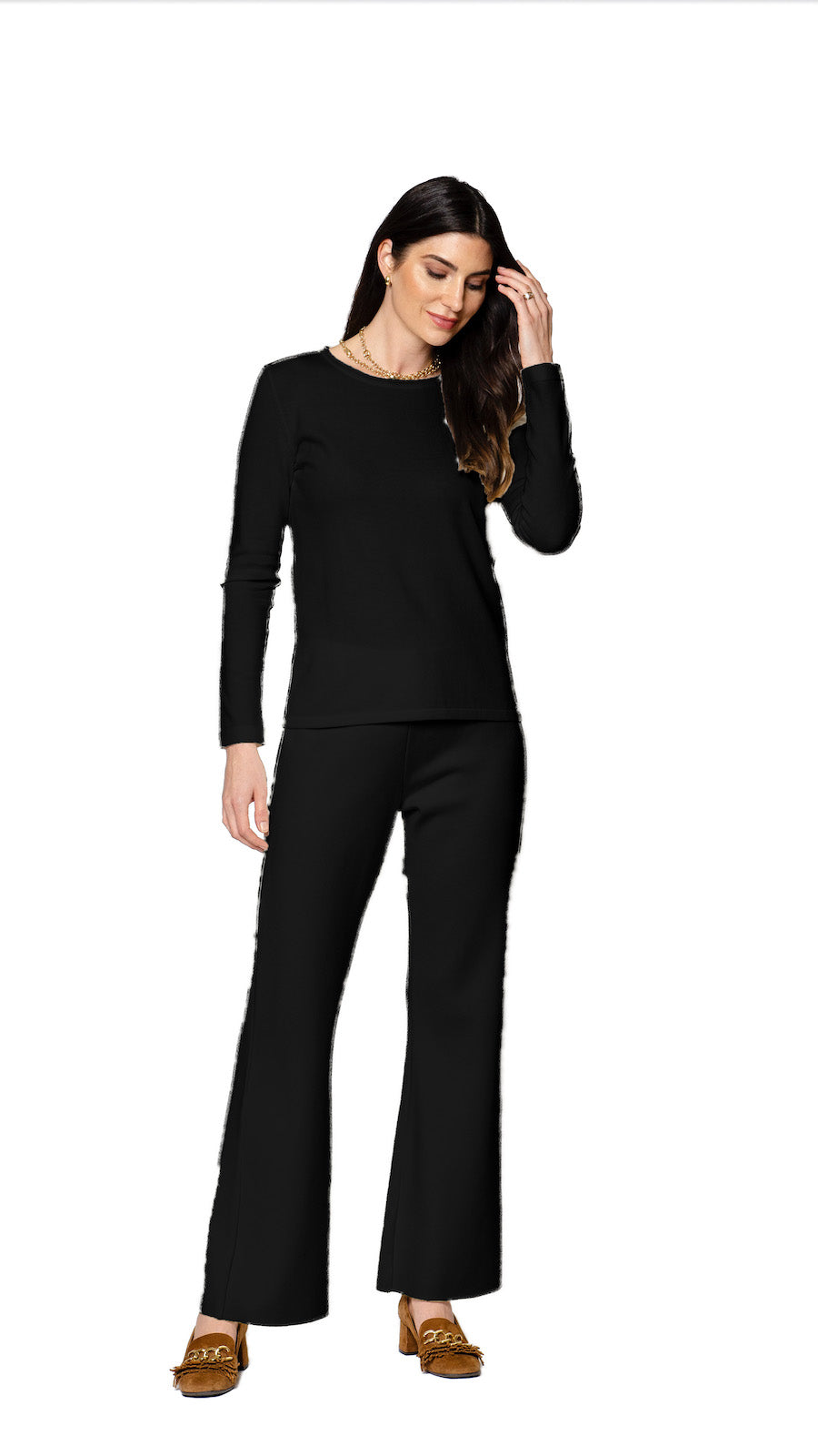 Helen Long Sleeve Crew-Neck Top, Black