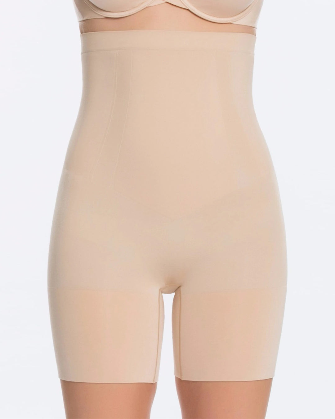 SPANX ONCORE HIGH-WAISTED MID-THIGH SHAPER SHORT SOFT NUDE ON MODEL