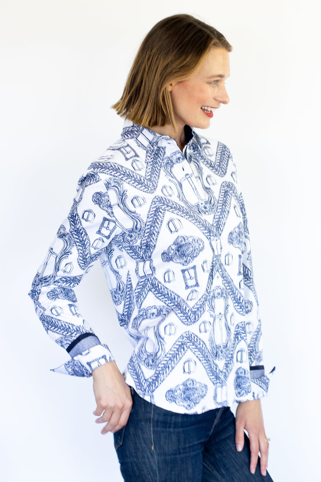 Dizzy-Lizzie Rome Long Sleeve Shirt - Oversized Indigo White Buckle Print