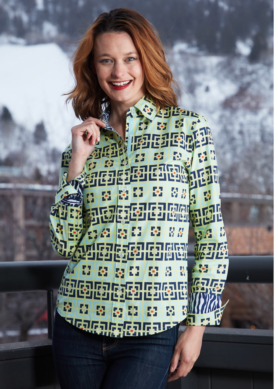 Dizzy-Lizzie Rome Long Sleeve Shirt in Green Navy Grid