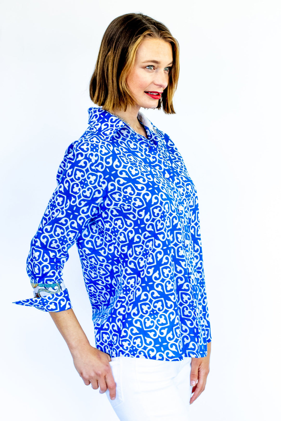 Tizzie Rome Shirt with 3/4 Sleeves Cobalt Blue & White Geometric Print