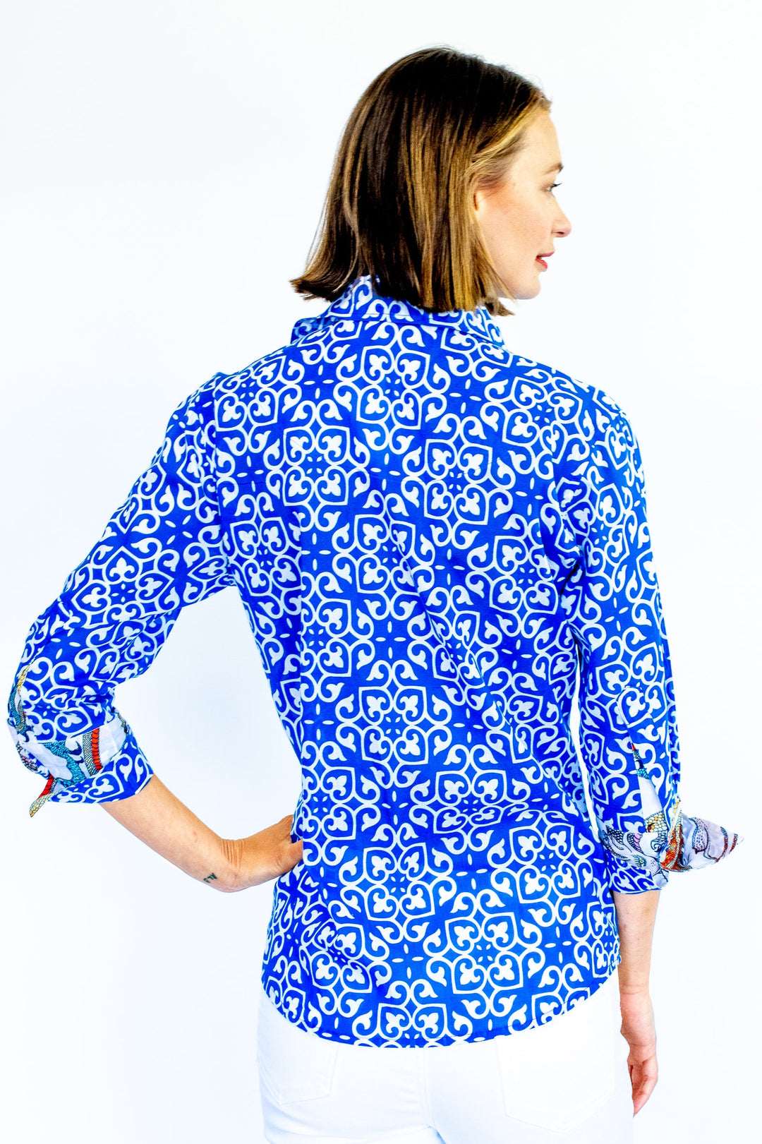 Tizzie Rome Shirt with 3/4 Sleeves Cobalt Blue & White Geometric Print