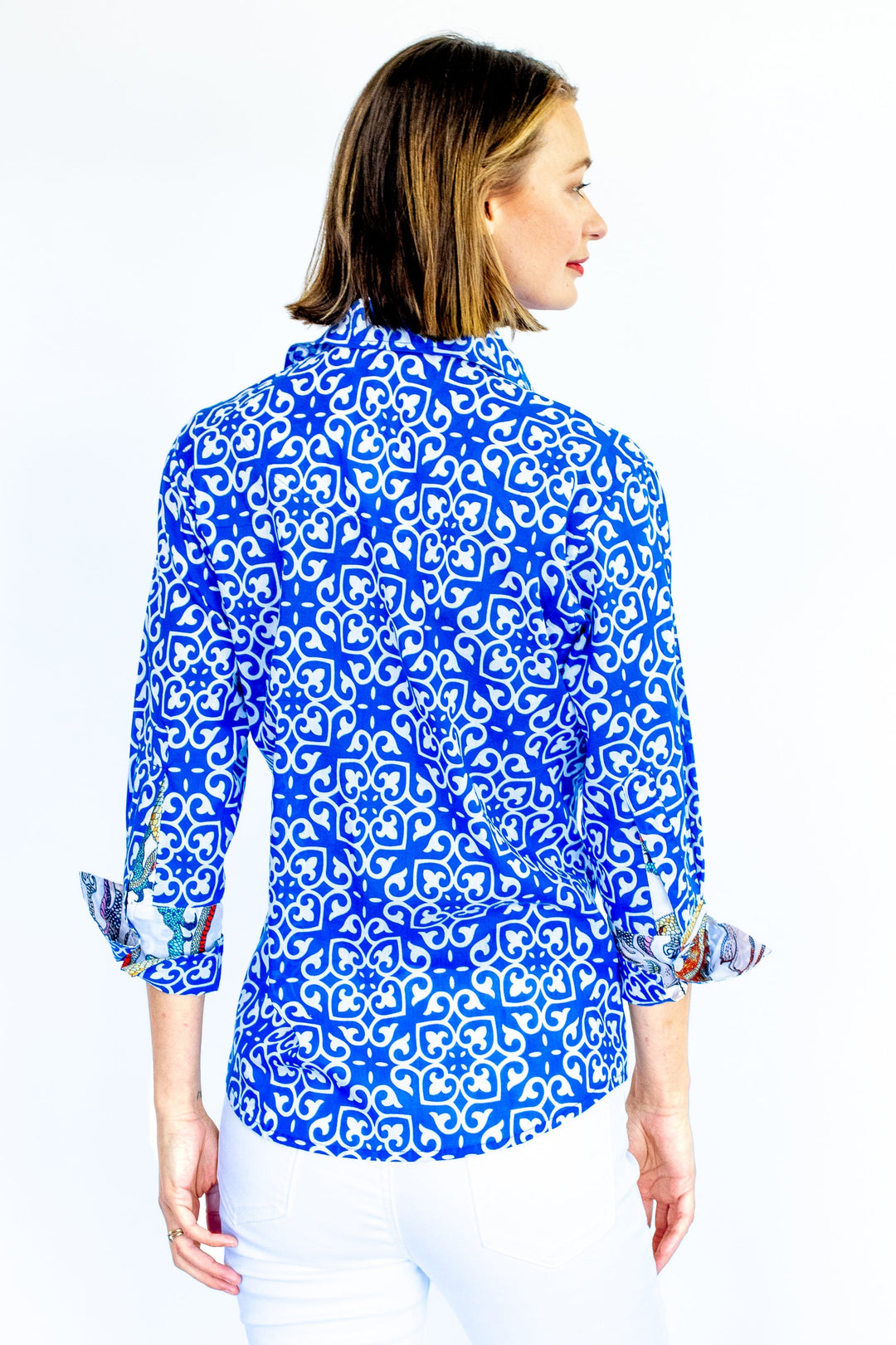 Tizzie Rome Shirt with 3/4 Sleeves Cobalt Blue & White Geometric Print