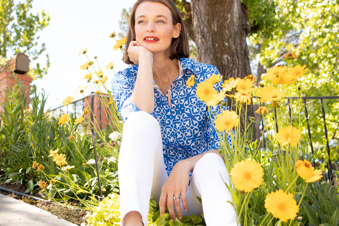 Tizzie Rome Shirt with 3/4 Sleeves Cobalt Blue & White Geometric Print