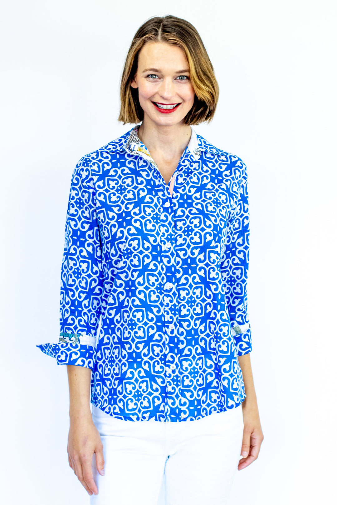 Tizzie Rome Shirt with 3/4 Sleeves Cobalt Blue & White Geometric Print