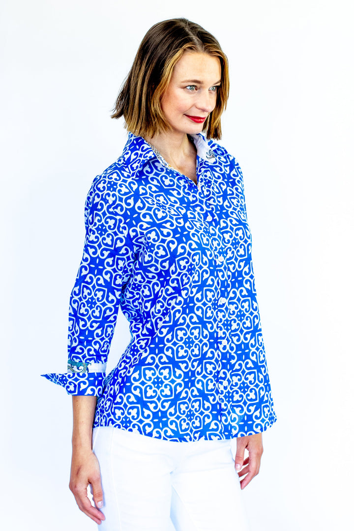 Tizzie Rome Shirt with 3/4 Sleeves Cobalt Blue & White Geometric Print