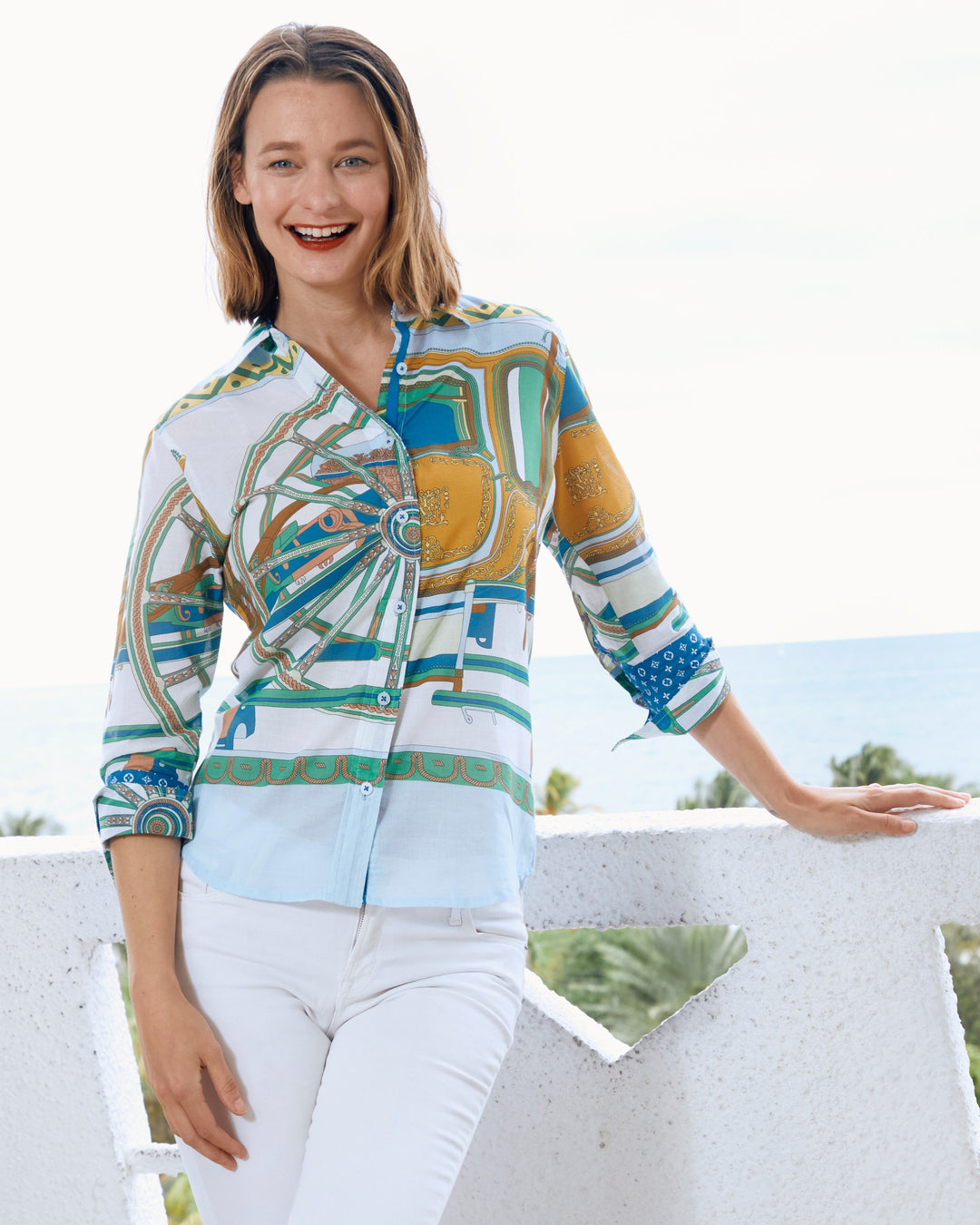 Dizzy-Lizzie Rome Shirt With 3/4 Sleeves - Blue Green Wagon Wheel Print