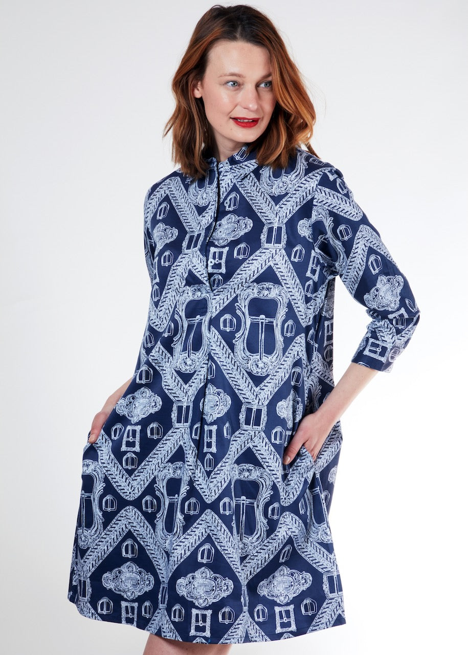 Chatham Dress Navy Ground Buckle Print XS