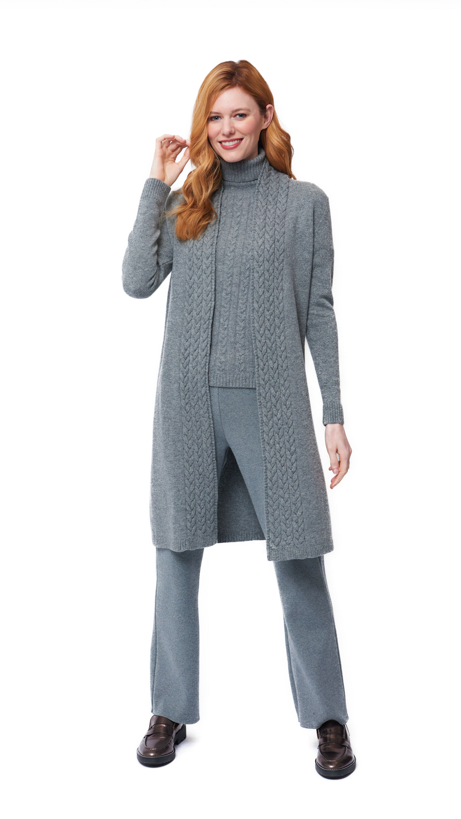 Leana Cable-Knit Belted Coat ; Gray