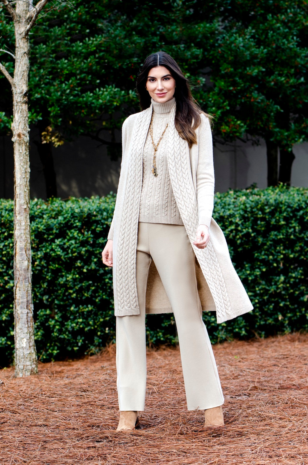 Biana Domenique Milano-Knit Boot Leg Pants in Warm Beige available at Barbara Katz