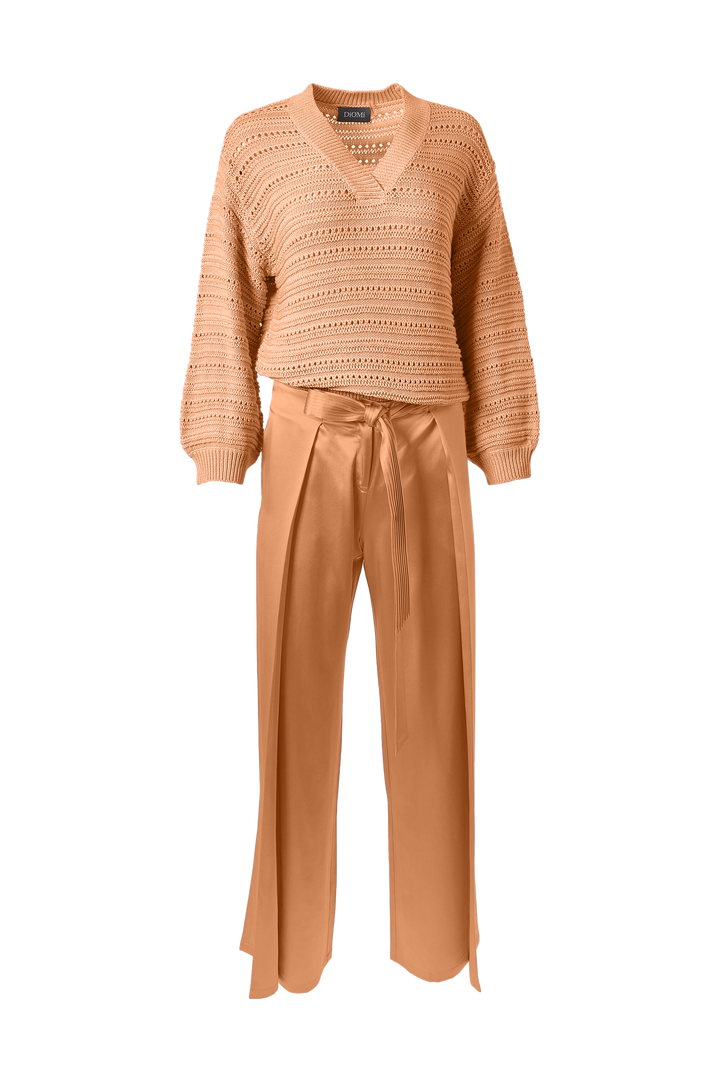 Flare Pleated Belted Pants In Copper