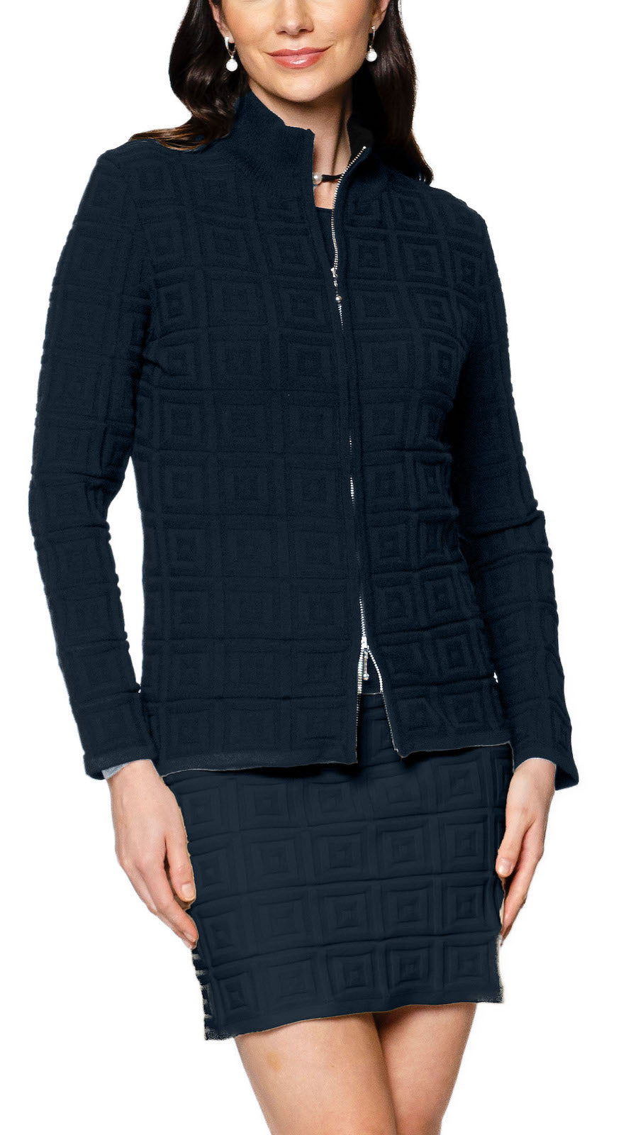 Biana Zoe Square-Detail Knit Jacket in Dark Navy available at Barbara Katz