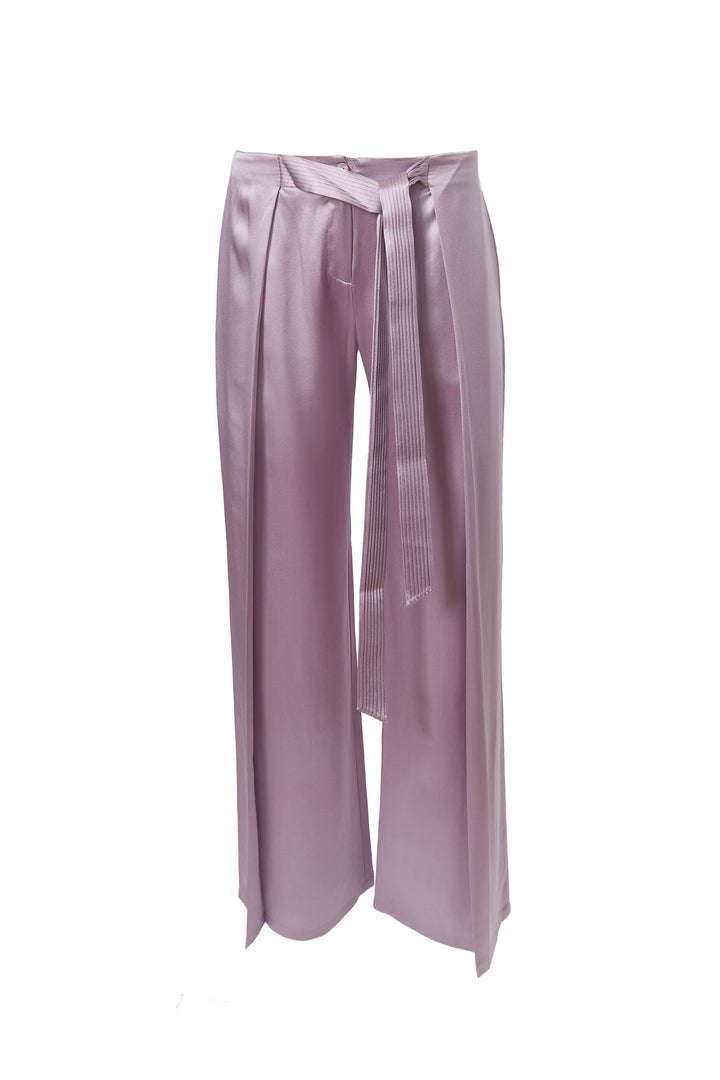 Flare Pleated Belted Pants In Snow Lilac