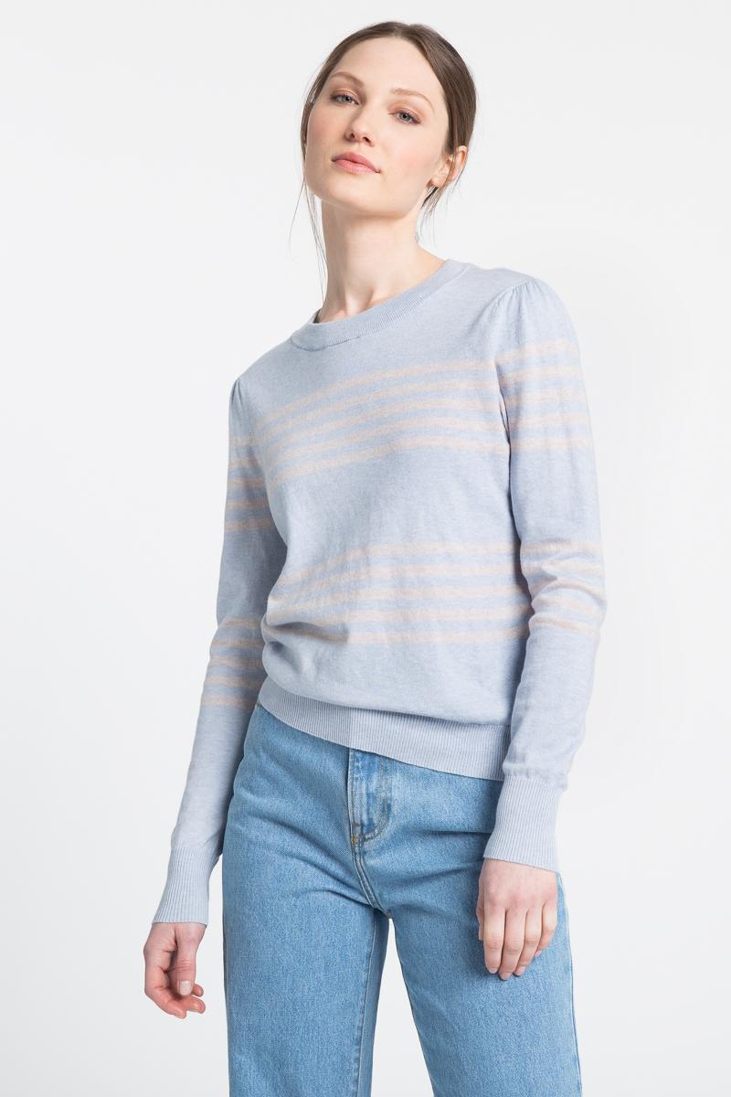 Kinross Cashmere Gathered Sleeve Stripe Crew Sweater