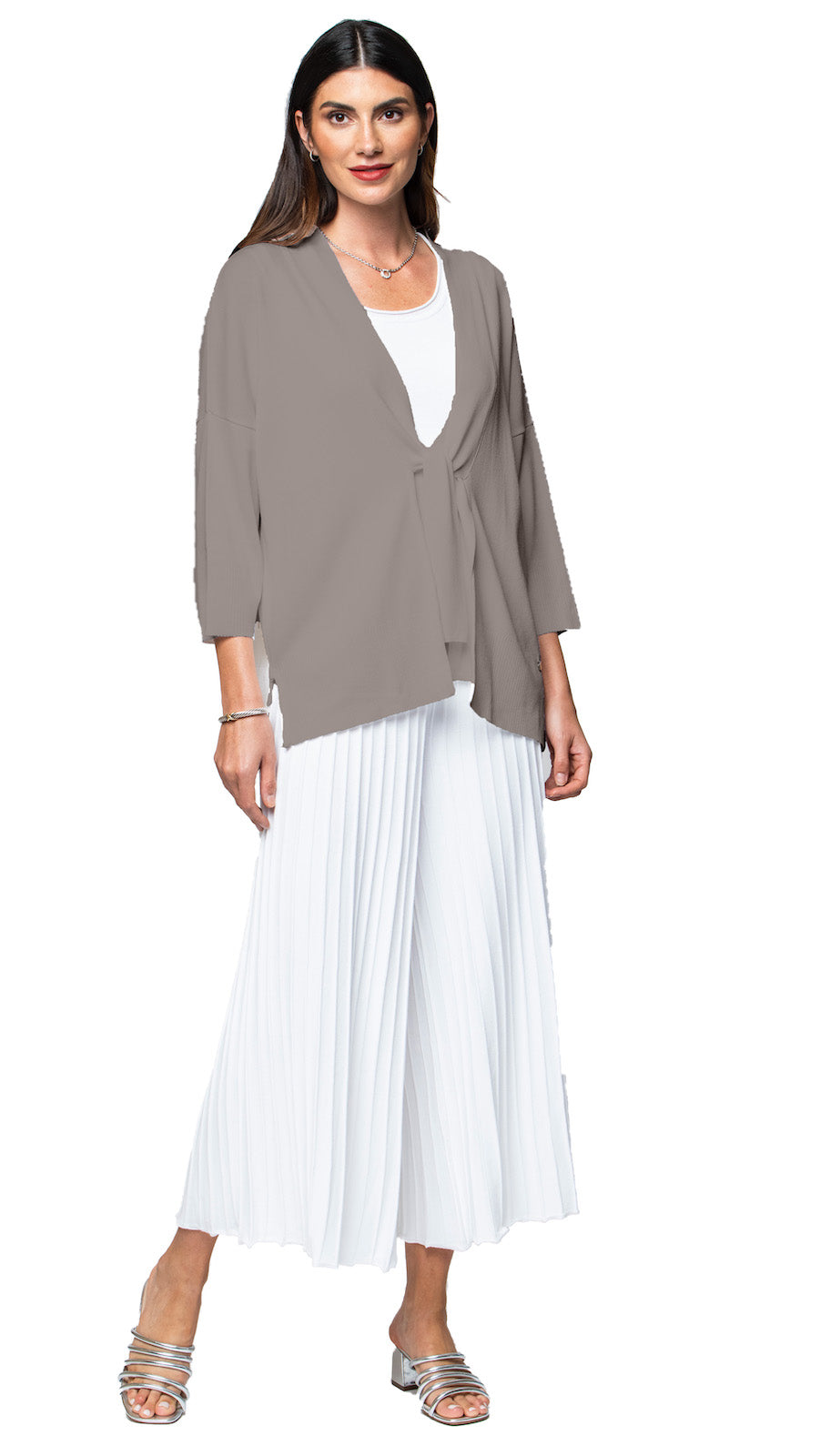 Malia Three-Quarter Sleeved Front-Tie Cardigan; Taupe