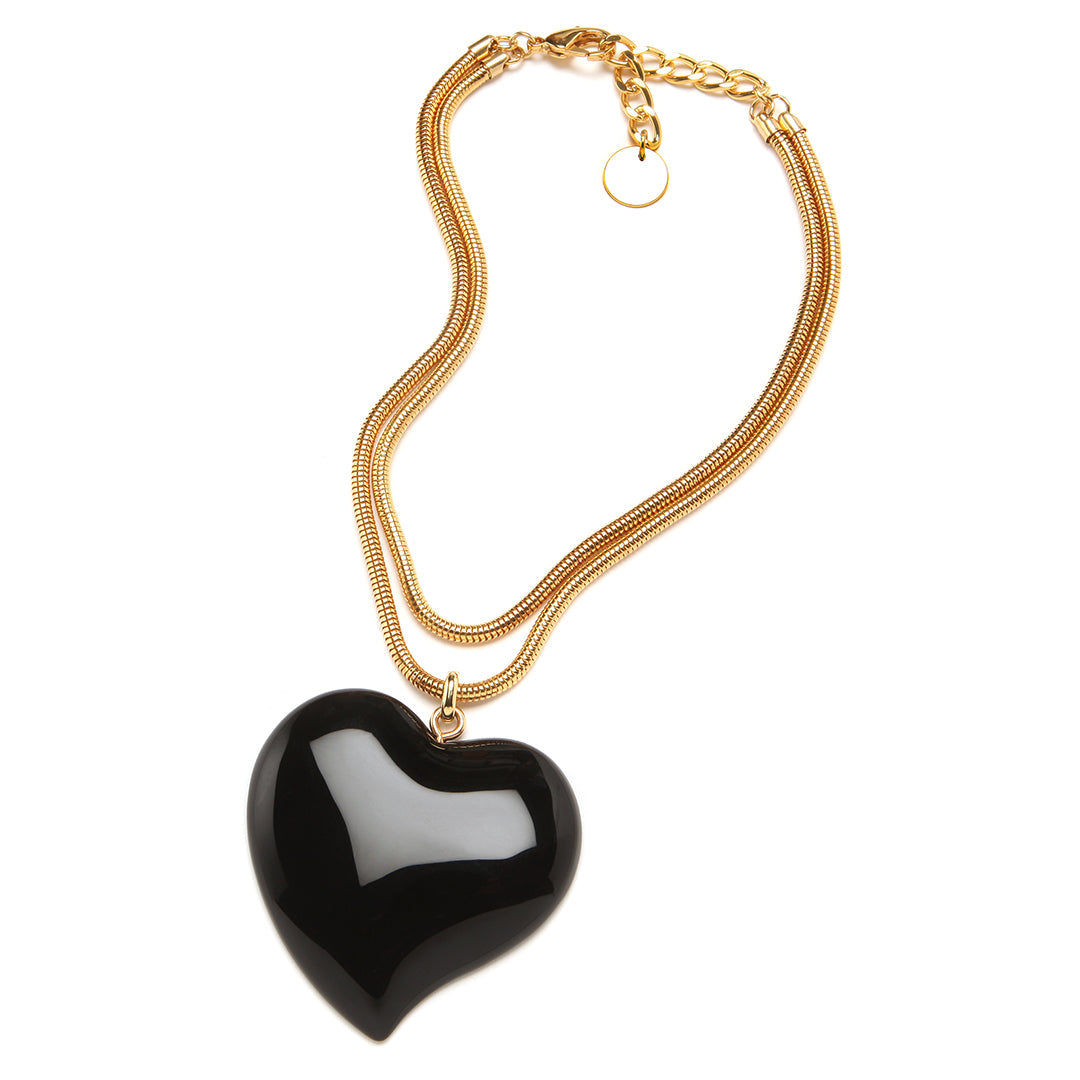 Pono Carole Necklace with Jet Black Heart Pendant & Brass Snake Chain